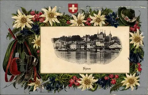 Präge Passepartout Ak Nyon Kanton Waadt, Stadtansicht, Edelweiß