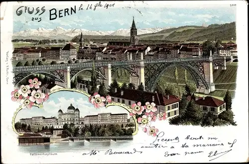 Litho Bern Stadt Schweiz, Stadtpanorama mit Brücke, Parlamentsgebäude