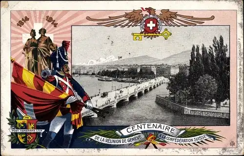 Wappen Ak Genève Genf Stadt, Vue generale, Gesamtansicht, Centenaire de la Reunion