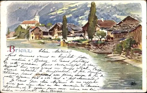 Künstler Litho Brienz Kanton Bern, Blick auf den Ort, Kirche, Ufer