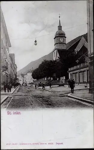 Ak Saint Imier Kanton Bern, Straßenpartie, Kirchturm