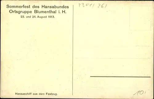 Ak Blumenthal Bremen, Sommerfest des Hansabundes 1913, Hansaschiff aus dem Festzug