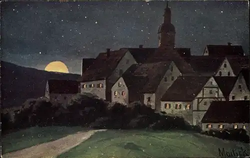 Künstler Ak Mailick, Stadt bei Nacht, Mondschein