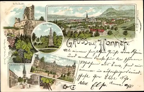 Litho Bad Honnef am Rhein, Panorama, Marktplatz, Kirche, Kriegerdenkmal, Drachenfels