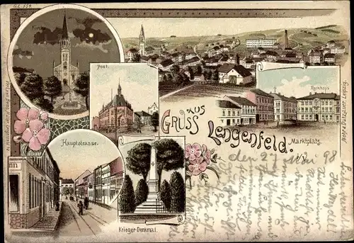 Litho Lengenfeld Vogtland Sachsen, Kirche, Rathaus, Post, Kriegerdenkmal, Marktplatz