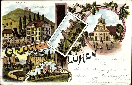 Litho Flühen Kanton Solothurn, Hotel Landskron, Ruine, Kloster