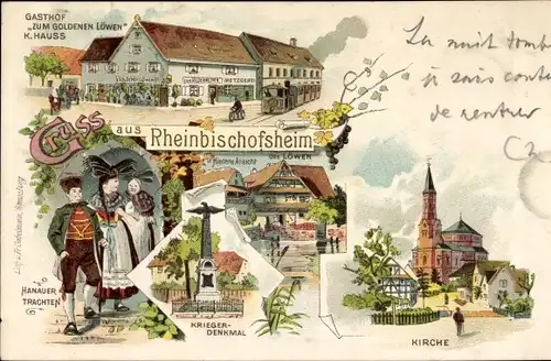 Litho Rheinbischofsheim Rheinau in Baden Württemberg, Gasthof zum goldenen Löwen, Kirche