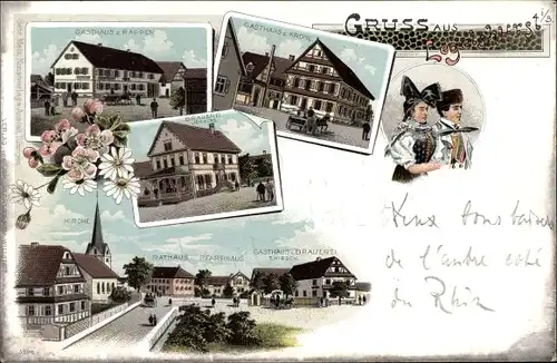 Litho Legelshurst Willstätt in Baden, Trachten, Gasthaus Rappen, Brauerei, Gasthaus Krone