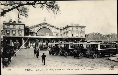 Ak Paris X, La Gare de l'Est, Station des Autobus pour le Trocadero