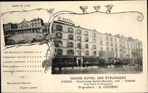 Ak Paris X, La Gare de l'Est, Grand Hotel des Etrangers