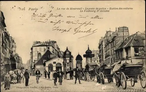 Ak Paris XI, La Rue de Montreuil, Le poste de police, Station des voitures