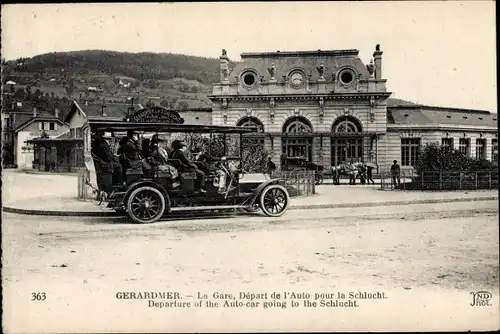 Ak Gérardmer Lothringen Vosges, La Gare, Depart de l'Auto pour la Schlucht