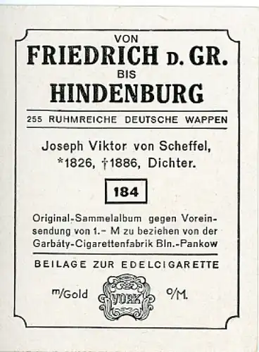 Sammelbild Ruhmreiche Deutsche Wappen Nr. 184, Joseph Viktor von Scheffel, Dichter