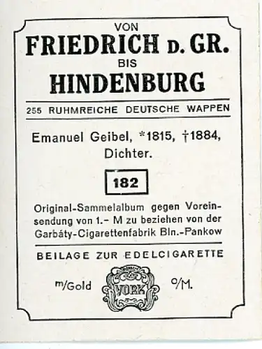 Sammelbild Ruhmreiche Deutsche Wappen Nr. 182, Emanuel Geibel, Dichter