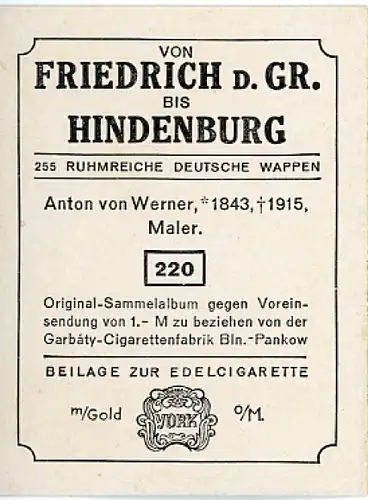 Sammelbild Ruhmreiche Deutsche Wappen Nr. 220, Anton von Werner, Maler