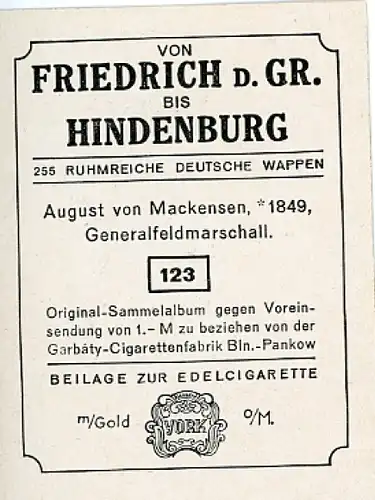 Sammelbild Ruhmreiche Deutsche Wappen Nr. 123, August von Mackensen, Generalfeldmarschall