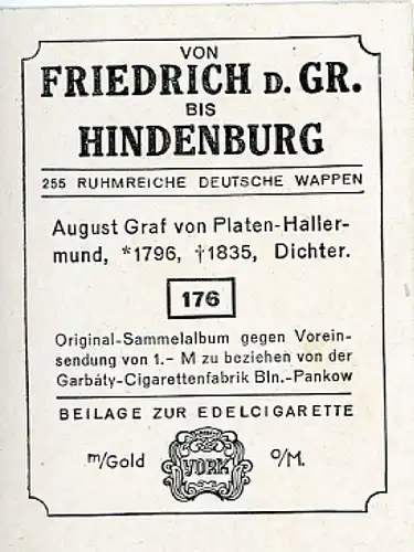 Sammelbild Ruhmreiche Deutsche Wappen Nr. 176, August Graf von Platen-Hallermund, Dichter