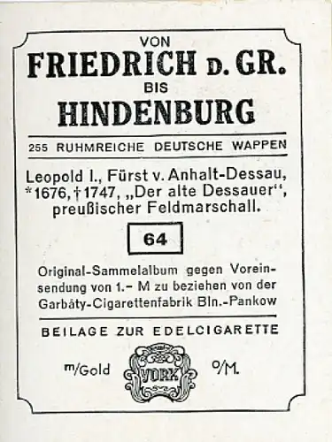 Sammelbild Ruhmreiche Deutsche Wappen Nr. 64, Leopold I., Fürst von Anhalt Dessau, Feldmarschall