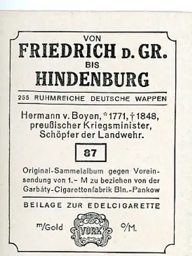 Sammelbild Ruhmreiche Deutsche Wappen Nr. 87, Hermann von Boyen, preußischer Kriegsminister