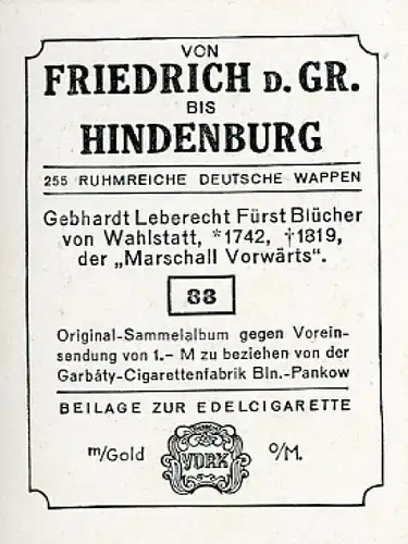 Sammelbild Ruhmreiche Deutsche Wappen Nr. 88, Gebhardt Lebrecht Fürst Blücher von Wahlstatt