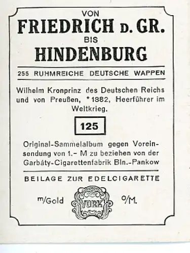 Sammelbild Ruhmreiche Deutsche Wappen Nr. 125, Kronprinz Wilhelm von Preußen