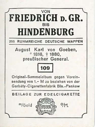 Sammelbild Ruhmreiche Deutsche Wappen Nr. 109, August Karl von Goeben, preußischer General