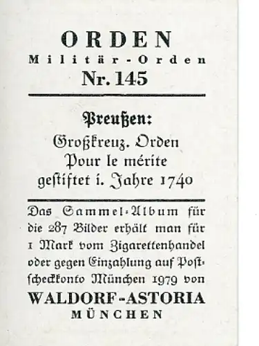 Sammelbild Militär Orden Nr. 145, Preußen, Großkreuz Orden Pour le mérite