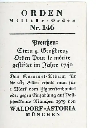 Sammelbild Militär Orden Nr. 146, Preußen, Stern zum Großkreuz Orden Pour le mérite