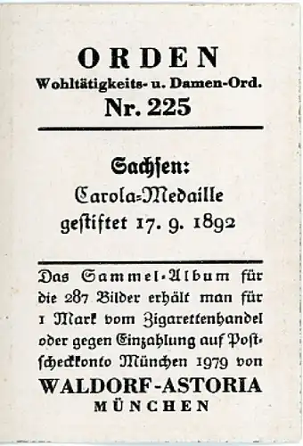 Sammelbild Orden, Wohltätigkeits- und Damen Orden Nr. 225, Sachsen, Carola Medaille