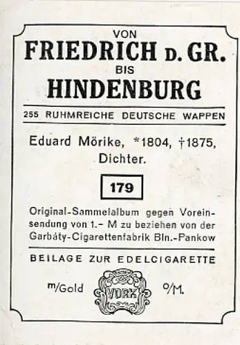 Sammelbild Ruhmreiche Deutsche Wappen Nr. 179, Eduard Mörike, Dichter