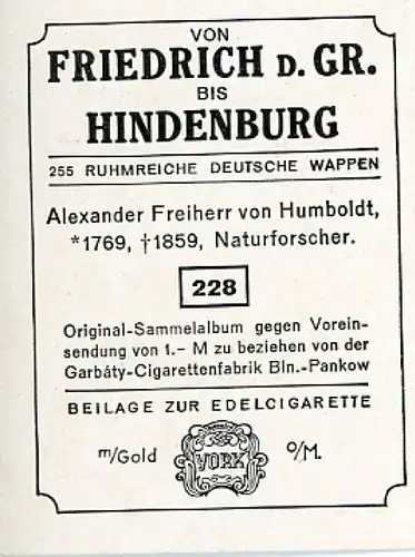 Sammelbild Ruhmreiche Deutsche Wappen Nr. 228, Alexander von Humboldt, Naturforscher