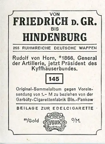 Sammelbild Ruhmreiche Deutsche Wappen Nr. 145, Rudolf von Horn, deutscher General der Artillerie