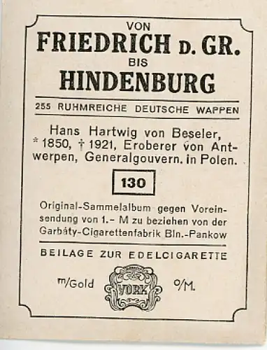 Sammelbild Ruhmreiche Deutsche Wappen Nr. 130, Hans Hartwig von Beseler, preußischer Generaloberst