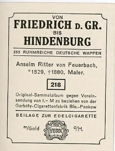 Sammelbild Ruhmreiche Deutsche Wappen Nr. 218, Anselm Ritter von Feuerbach, Maler