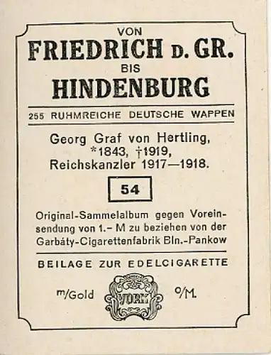 Sammelbild Ruhmreiche Deutsche Wappen Nr. 54, Georg Graf von Hertling, Reichskanzler