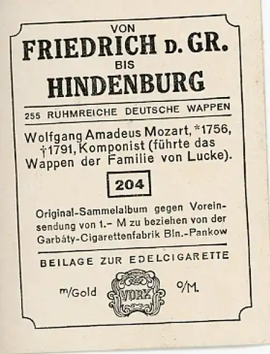 Sammelbild Ruhmreiche Deutsche Wappen Nr. 204, Wolfgang Amadeus Mozart, Komponist