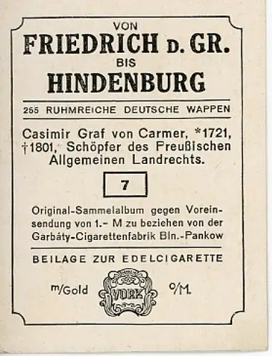 Sammelbild Ruhmreiche Deutsche Wappen Nr. 7, Casimir Graf von Carmer, preußischer Justizreformer