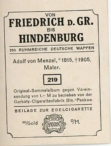 Sammelbild Ruhmreiche Deutsche Wappen Nr. 219, Adolph von Menzel, Maler