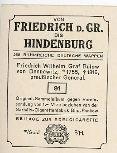 Sammelbild Ruhmreiche Deutsche Wappen Nr. 91, Friedrich Wilhelm Bülow von Dennewitz, General