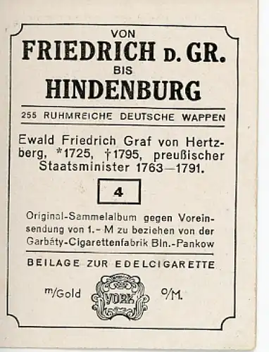 Sammelbild Ruhmreiche Deutsche Wappen Nr. 4, Ewald Friedrich von Hertzberg, preuß. Staatsminister