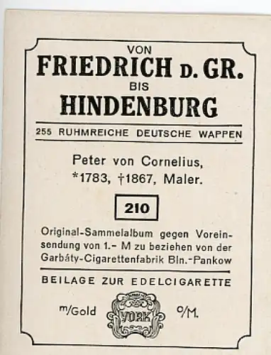 Sammelbild Ruhmreiche Deutsche Wappen Nr. 210, Peter von Cornelius, Maler