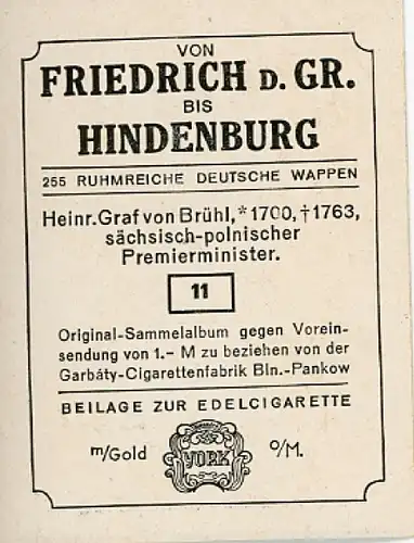 Sammelbild Ruhmreiche Deutsche Wappen Nr. 11, Heinrich Graf von Brühl, sächs.-poln. Premierminister