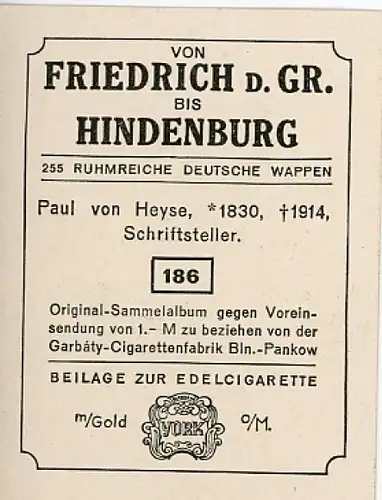Sammelbild Ruhmreiche Deutsche Wappen Nr. 186, Paul von Heyse, Schriftsteller