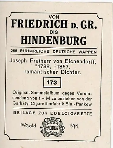 Sammelbild Ruhmreiche Deutsche Wappen Nr. 173, Joseph von Eichendorff, Dichter