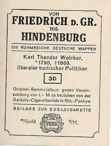 Sammelbild Ruhmreiche Deutsche Wappen Nr. 30, Karl Theodor Welcker, badischer Politiker