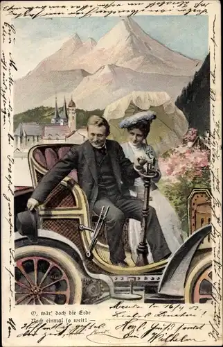 Litho Ehepaar im Automobil, Hut, Im Hintergrund Berge