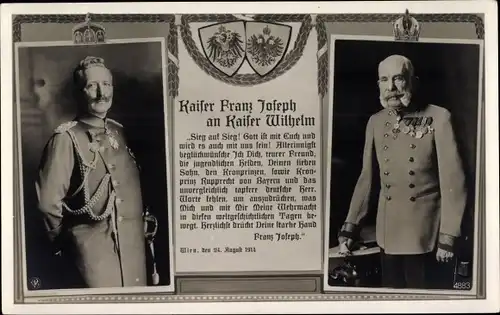 Ak Kaiser Frant Joseph und Kaiser Wilhelm II., Waffenbrüderschaft, Wappen