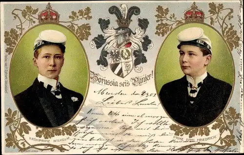 Studentika Ak Kronprinz Wilhelm von Preußen, Prinz Eitel Friedrich, Borussia sei's Panier