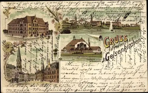 Litho Gelsenkirchen im Ruhrgebiet, Stadtansichten, Stadthalle im Kaisergarten