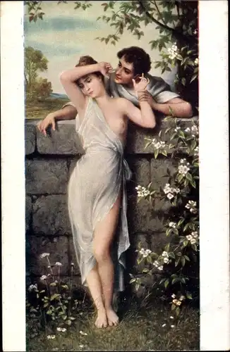 Künstler Ak Schweninger, C., Überredung, Frauenakt, Mann hinter Mauer